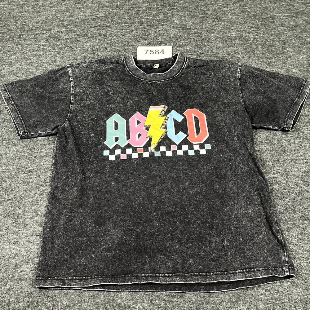 Mens T Shirt Small Black Acid Wash Cotton AB/CD Graphic Print Crew Neck Rock Pop